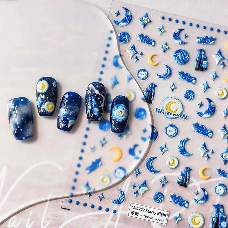 Aichashi 5D Realistic Relief Blue Yellow Starry Night Sky Moon Starlight Adheisve Nail Art Stickers Decals Manicure Ornaments Accessories