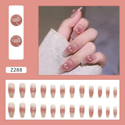 Aichashi Nail Art Fake Nails Long Island Iced Tea Wearing Jiashan Camellia Flower 3D Light Change Love Girl Blush Wearing Press on Nails