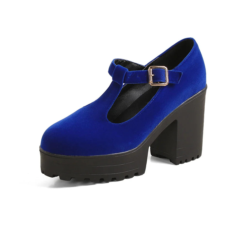 aichashi  -  Women Platform Pumps Spring Summer Shallow Mouth Strap Buckle Shoes Flock Round Toe For Ladies High Heels Blue Black Size 34-43