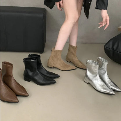 Aichashi Ankle Boots Women Chunky Heels Pointed Toe Winter Shoes Women Flat Short Boot Brand Zipper Chelsea Booties Zapatillas Mujer