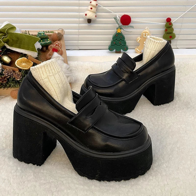 Aichashi Gothic Chunky High Heels Pumps for Women 2024 Spring Patent Leather Platform Loafers Woman Black Thick Heeled Jk Lolita Shoes