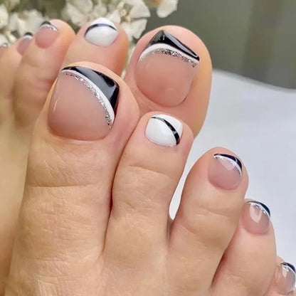 Aichashi 24P White Simple Toe Nails Tips Smudged Leopard Removable Acrylic Press On Toenail Short Full Cover Artificial Foot Fake Toenail