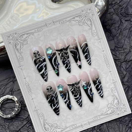 Aichashi 10pcs detachable long stilette ballet false nails with punk gothic designs y2k hot girl full cover artificial press on nail long