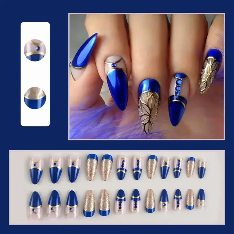 Aichashi 24pcs Mid-length Almond Shape Press On Nails, Blue Fake Nail With Rhinestone Decor, Glitter Full Cover Nails For Women