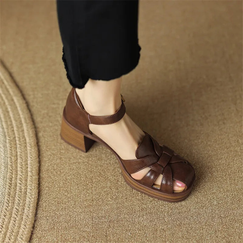 Aichashi New Summer Sandals Cow Leather Luxury Roman Sandals Casual Buckle Strap Summer Shoes GLADIATOR Thick Heel Women High Heels