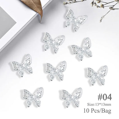 Aichashi 10pcs/bag Butterfly Shaped Nail Rhinestone Star Flower Nail Charm Silver Gold Alloy Nail Pearl Jewelry Accessories Nail Supplies