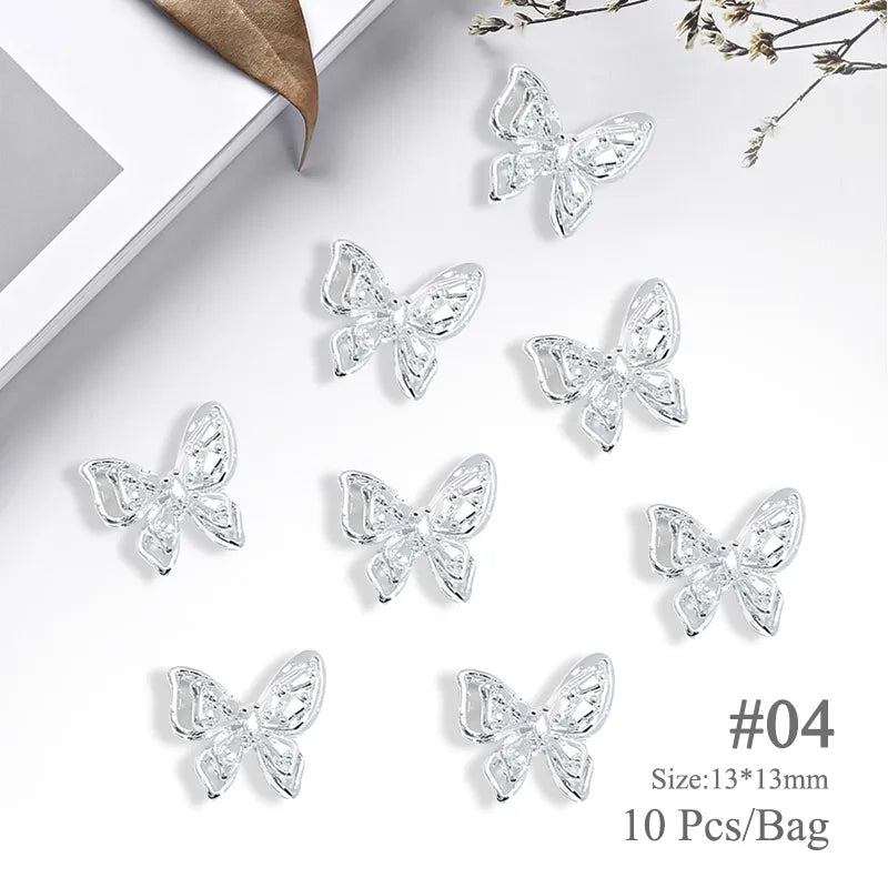 Aichashi 10pcs/bag Butterfly Shaped Nail Rhinestone Star Flower Nail Charm Silver Gold Alloy Nail Pearl Jewelry Accessories Nail Supplies