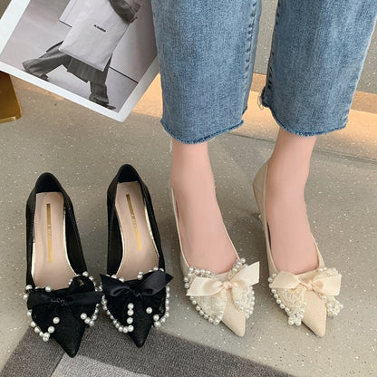 Aichashi Lace Bowknot Pumps for Women Summer Sexy Pointed Toe Thin High Heels Shoes Woman Fashion Pearls Wedding Party Shoes