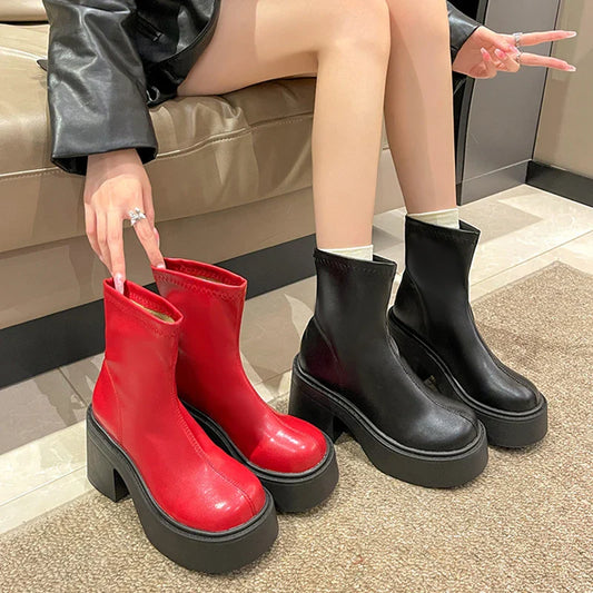 aichashi  -  Punk Style Women Ankle Boots Fashion Round Toe Slip On Shoes Autumn Winter Thick High Heel Ladies Knight Short Booties