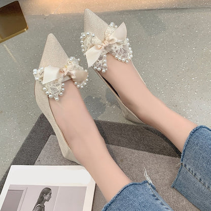 Aichashi Lace Bowknot Pumps for Women Summer Sexy Pointed Toe Thin High Heels Shoes Woman Fashion Pearls Wedding Party Shoes