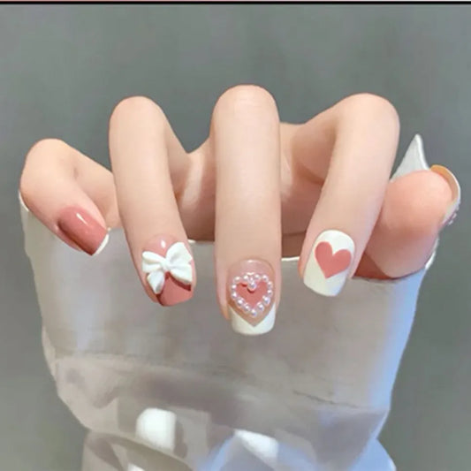 Aichashi 24P Pink Cute Short Square Head False Nails Art White 3D Bowknot Fake Nails with Pearl Rhinestones Full CoverPress on Nail Tips