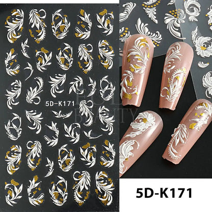 Aichashi 5D Embossed Nail Stickers Flowers Bird Geometric Lines Gold Frame Floral Nail Decals Cherry Blossom Y2K Manicure Decor