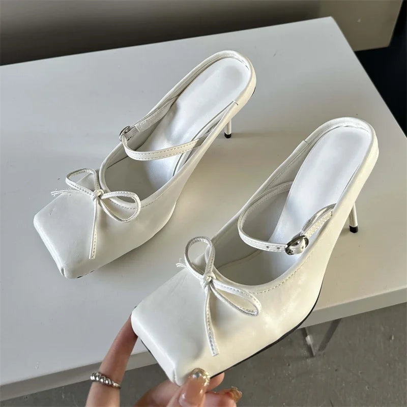 aichashi  -  Sexy Square head Thin Heels Wedding Banquet Dress Mule Ladies Shoes Designer Bowknot Buckle Strap Pumps Women