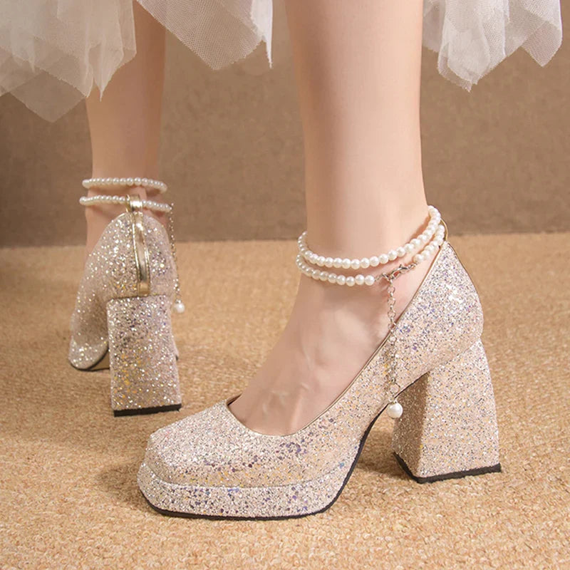 aichashi Luxury Gold Glitter High Heels Pumps for Women Spring Pearl Ankle Strap Wedding Shoes Woman Chunky Platform Mary Jane Shoes