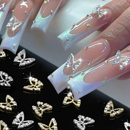 Aichashi 10pcs/bag Butterfly Shaped Nail Rhinestone Star Flower Nail Charm Silver Gold Alloy Nail Pearl Jewelry Accessories Nail Supplies