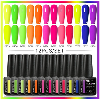 Aichashi 12Pcs Fluorescent Gel Nail Polish Set 7ML Neon Vernis Semi Permanent Soak Off UV Led Hybrid Gel Varnishes Base Top Coat Kits