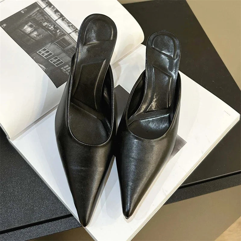 aichashi  -  NEW Slip-On PU Mules Pumps Concise Shallow Women Leisure Solid Slingbacks Pointed Toe Thin Heels Ladies Shoes Black