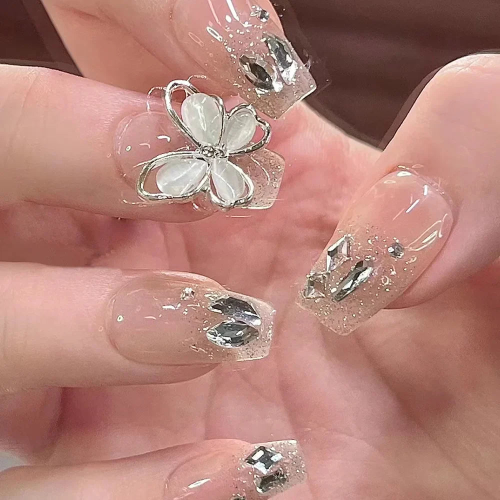 24Pcs False Nails French Gradient Ballet Fake Nails Press on Nails Black Heart Rhinestone Design Glitter Full Cover Nail Tips