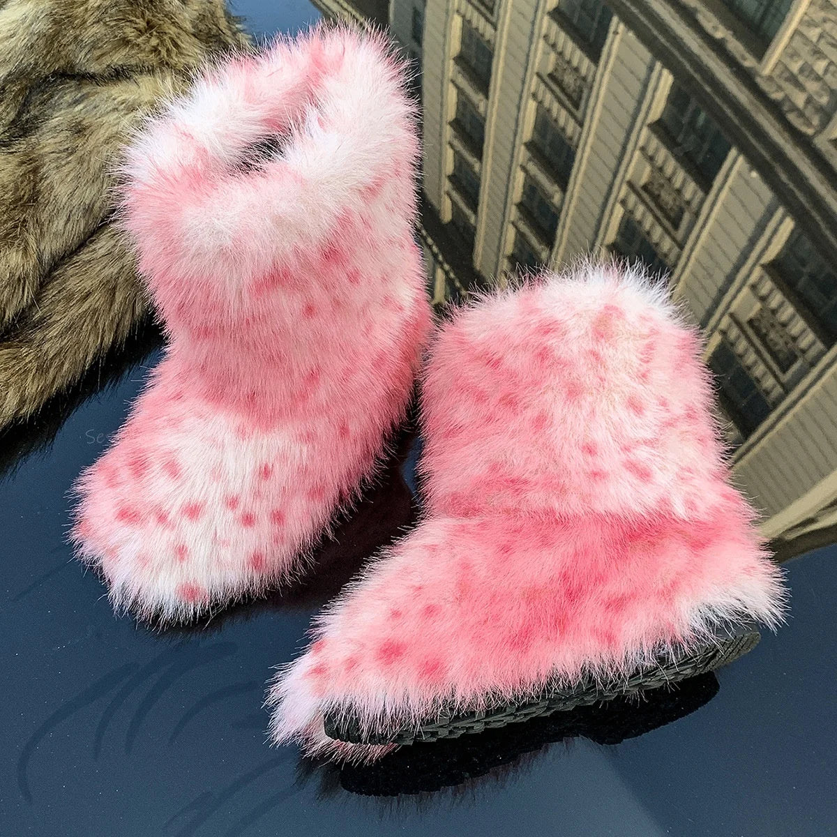 aichashi  -  Round Toe Fur Snow Boots Slip On Thick Bottom Pink Dot Decor Winter Fashion Women Daily Dress Casual Comfort Warm Short Booties