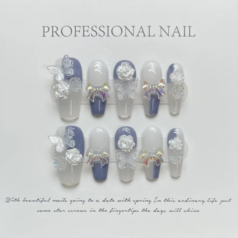 10pc detachable long ballet green false nails with Camellia butterfly full cover press on acrylic nail coffin korean style nails