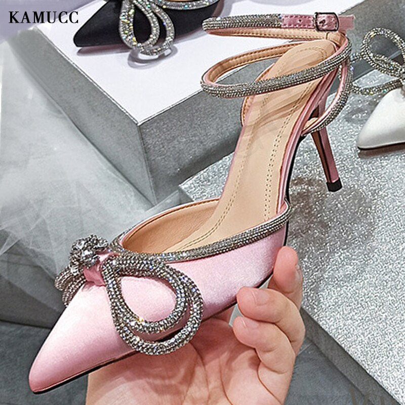 Aichashi Fashion Women's High Heel Sandals Rhinestone Woman Pump Crystal Bowknot Ankle Strap Ladies Prom Shoes Women Female Footwear