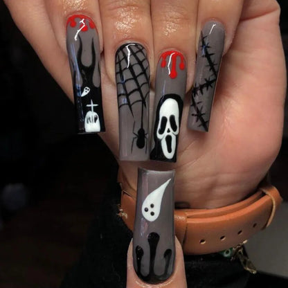 Aichashi New Halloween Fake Nails Patch Black Almond/Coffin Head Artificial Nail Tips Pumpkin Spider Ghost Printed Press on Nail for Girl