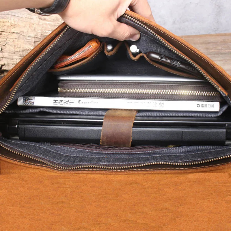 Aichashi Men's Briefcase Genuine Leather A4 File Document Handbag Male Soft Cow Leather Laptop Shoulder Bag Business Computer Bag