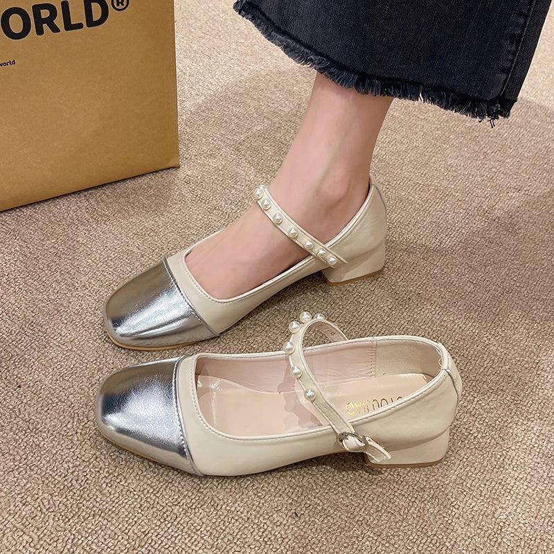 aichashi  -  Women Mary Janes Buckle Strap Square Mid Heels Solid Round Toe Shoes Woman Fashion String Bead Pearl Summer Pumps Zapatos Mujer