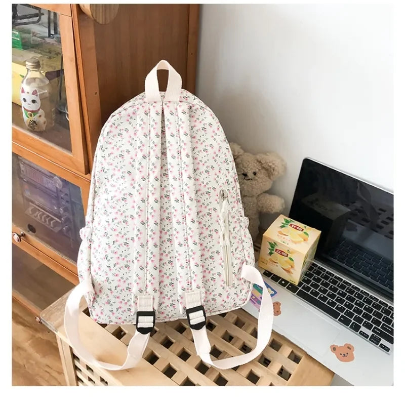 Aichashi BACK TO SCHOOL Korean Version Nylon Floral Backpack School Flower Fashion Backpack Junior High School Backpack Travel Bag