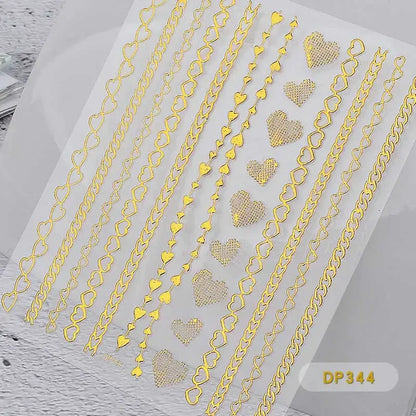 1 Sheet Gold Metal Chains Nail Stickers Mix Wave Heart Bow 3d Golden Metallic Adhesive Sticker DIY Manicure Nail Art Decorations