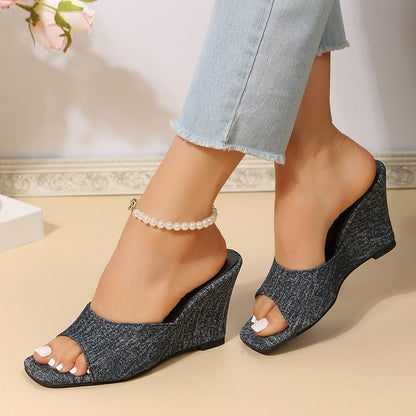 Aichashi Blue Denim Wedges Slippers Women Summer Platform High Heels Sandals Woman Plus Size 43 Anti Slip Square Toe Beach Shoes