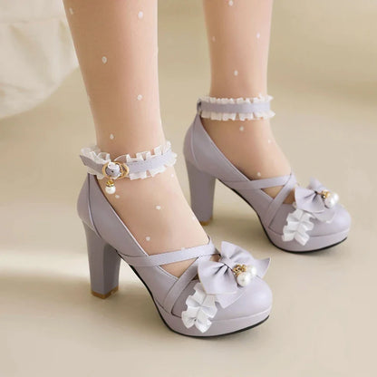 aichashi  -  Sweet Cross Ankle Strap Women High Heels Mary Janes Pumps Party Wedding Cosplay Pink Bowtie Princess Lolita Shoes Big Size 33 45