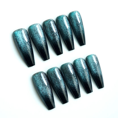 Aichashi 24pcs Cat Eye False Nail Deep Blue Color Fake Nail Tips Full Cover Nail Art Long Coffin Ballet Press on Nail Manicure Nail Tips