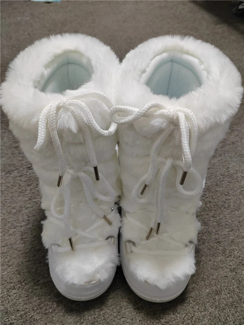 aichashi  -  Winter Snow Boots Women White Fur Boots Woman Luxury Thick Fluffy Furry Faux Rabbit Fur Lace-up Waterproof Warm Ski Boots