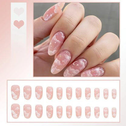 24PCS Sweet Strawberry Press on Nails French Pearl Design Almond False Nails Girl Gifts Detchable Full Cover Fake Nail Patches