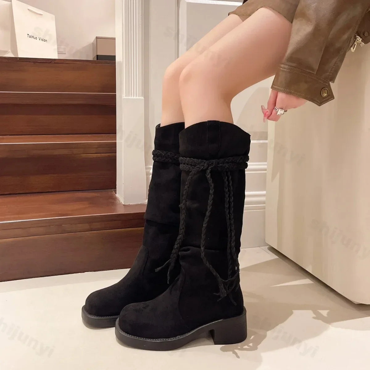 aichashi  -  Women Suede Knee High Boots New Fashion Tassels Western Cowboy Boots Round Toe High Heels Shoes Roman Female Long Boots