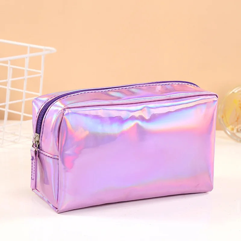 Aichashi BACK TO SCHOOL New Solid Color Laser Cosmetic Bag Ins Wind Portable Wash Storage Bag Makeup Gift Bag Makeup Pouch Travel Cosmetic Organizer