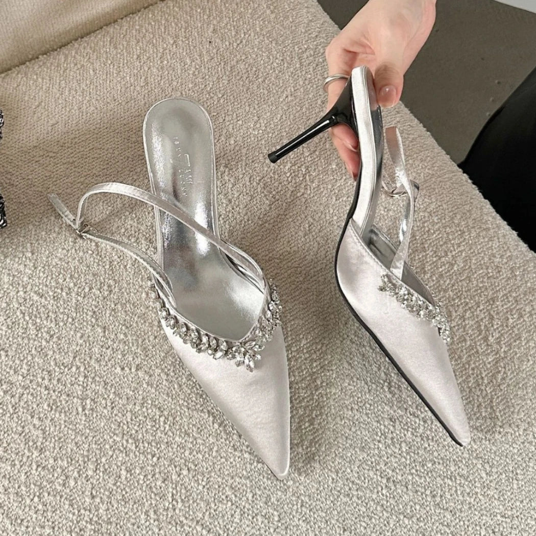 aichashi  -  Satin Rhinestone Luxury High Heels Women Sexy Designer Sandals Female Shiny Elegant Bridal Pointed Pumps Women Party Dress Shoes