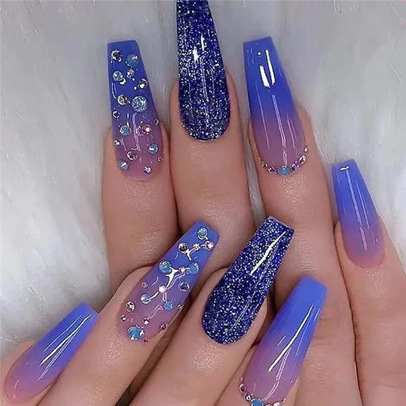 Aichashi 24Pcs False Nails with Glue Artificial Ballet Fake Nails with Blue Rhinestone Long Coffin Press on Nails Finished Fingernail tip