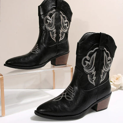 Aichashi Black Embroidery Western Cowboy Boots Women Plus Size Thick Heels Ankle Boots Woman Pointed Toe Slip On Short Booties