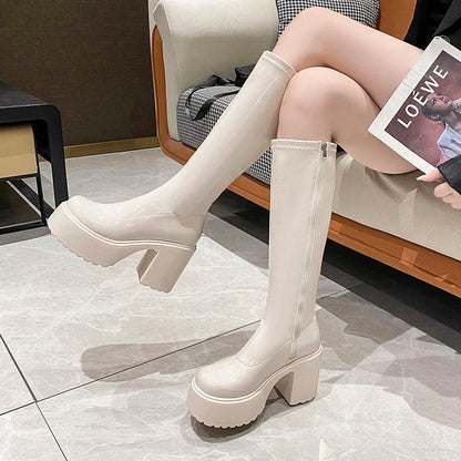 Aichashi Chunky Heel Platform Long Boots for Women Black Patent Leather Knee High Boots Woman Winter Thick High Heels Punk Shoes