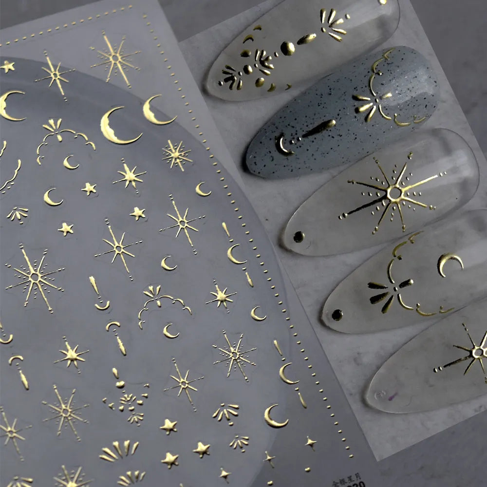 3D Gold Sun/Moon/Star Bronzing Nail Art Sticker 8*10cm Laser Star Moon Design Nail Decal Gold Silver Self-Adhesive Slider