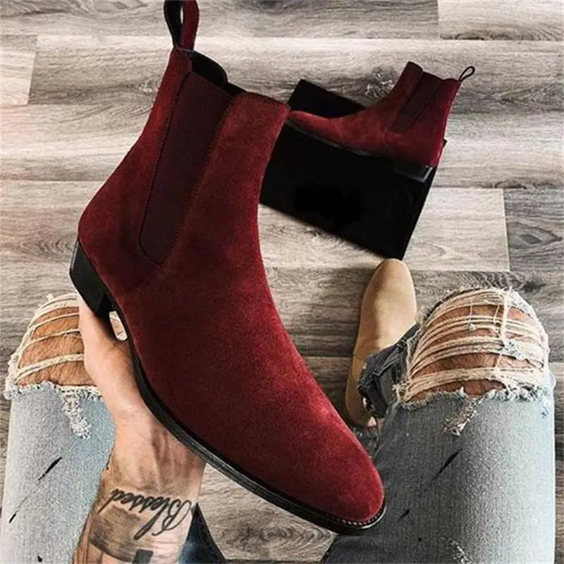 Aichashi Chelsea Boots for Men Wine Red Black Faux Suede Business Low-heeled Handmade Fashion Free Shipping Men Boots