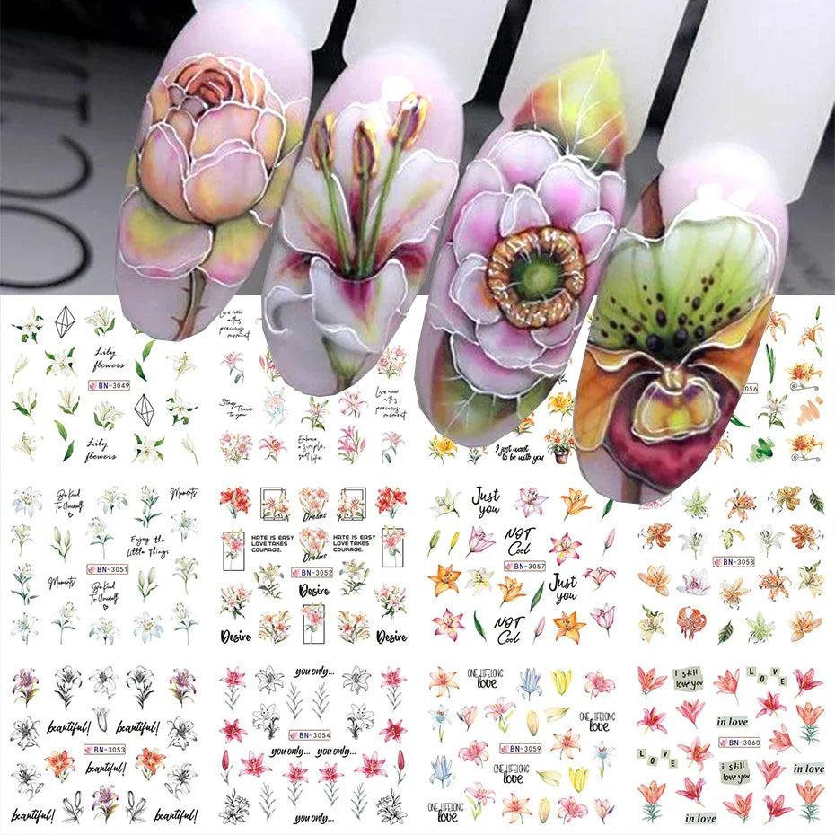 Aichashi 12 Designs Lily Flowers Nail Stickers White Flower Green Leaf Geometric Line Sliders Spring Floral Water Transfer Decals Slider