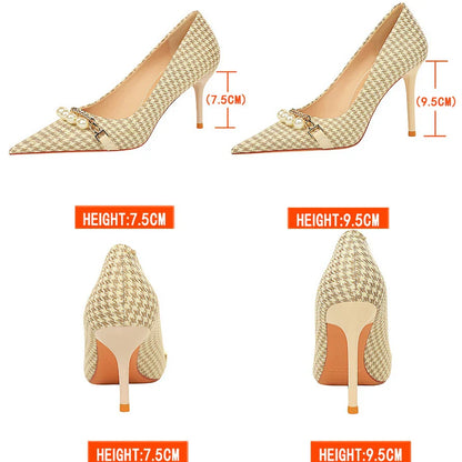 aichashi  -  Shoes Checked Grain Women Pumps Quality High Heels Pearl Chain Design Women Heels Stilettos Luxury Banquet Shoes