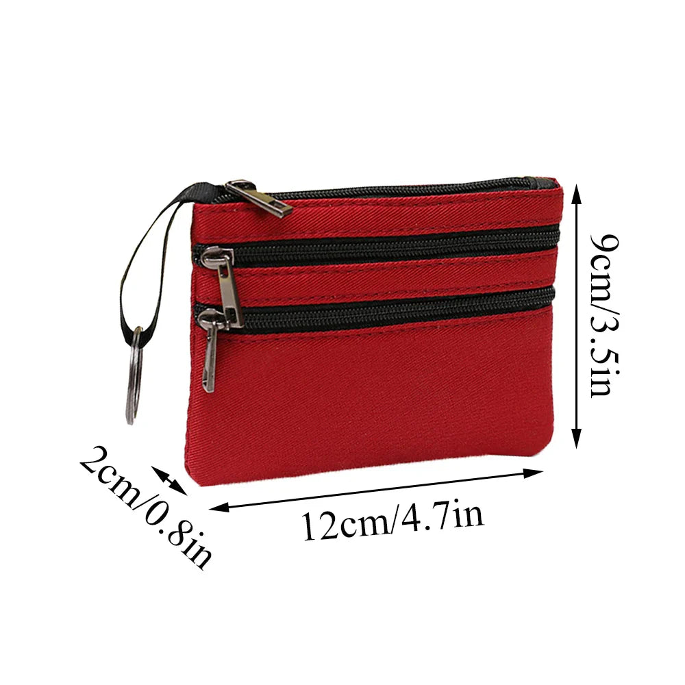 Aichashi 3 Zippers Canvas Coin Purse Women's Mini Wallet Solid Change Purses With Keychain Money Bags Coin Key Storage Bag Card Holder