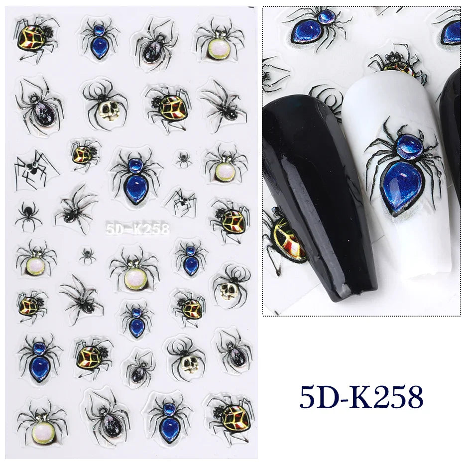 5D Gems Spider Embossed Nail Stickers Design Centipede Red Eyeball Adhesive Sliders Holiday Party New Year Decals Manicure Foils