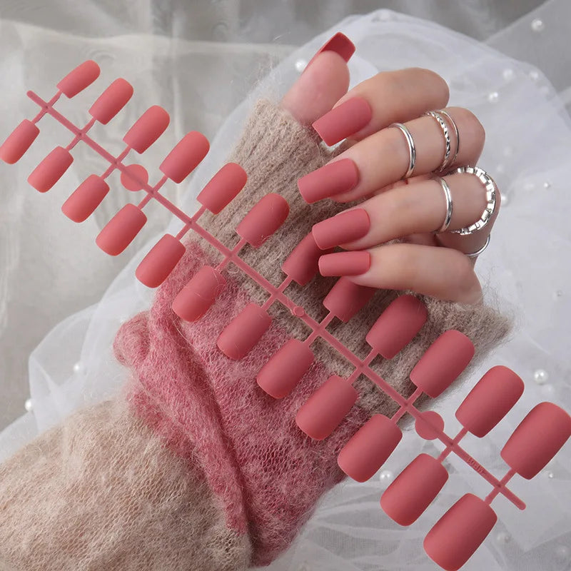 Aichashi 24Pcs/Set Matte False Nails Glue Square Head Frosted Press On Fake Nail Tips Full Cover Artificial Fingernails Ballet Detachable