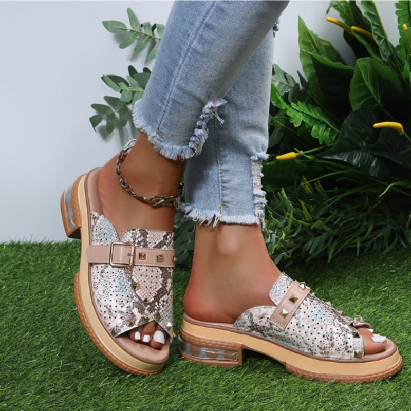 Aichashi New Sandals Women Shoes Snake Print Classic Casual Vacation Daily Open Toe Rivets Monk Buckle Comfortable Sandals Plus size 43