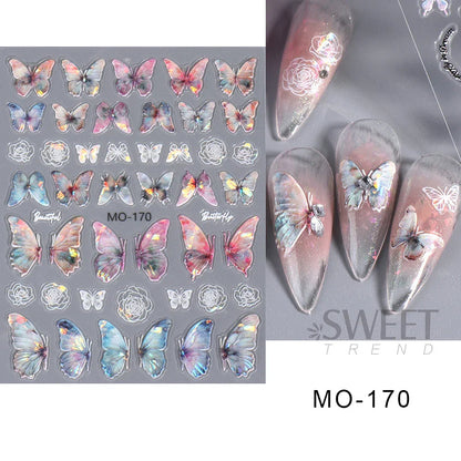 Aichashi Acrylic Engraved Butterfly Nail Manicure Sticker Holographic Crystal Fairy Rose Flowers Adhesive Decals Charm Spring Foils Wraps